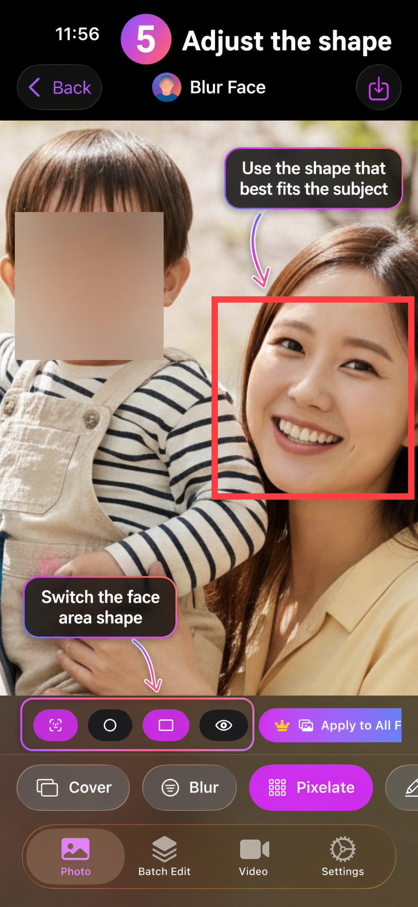 Rectangle shape applied to detected face