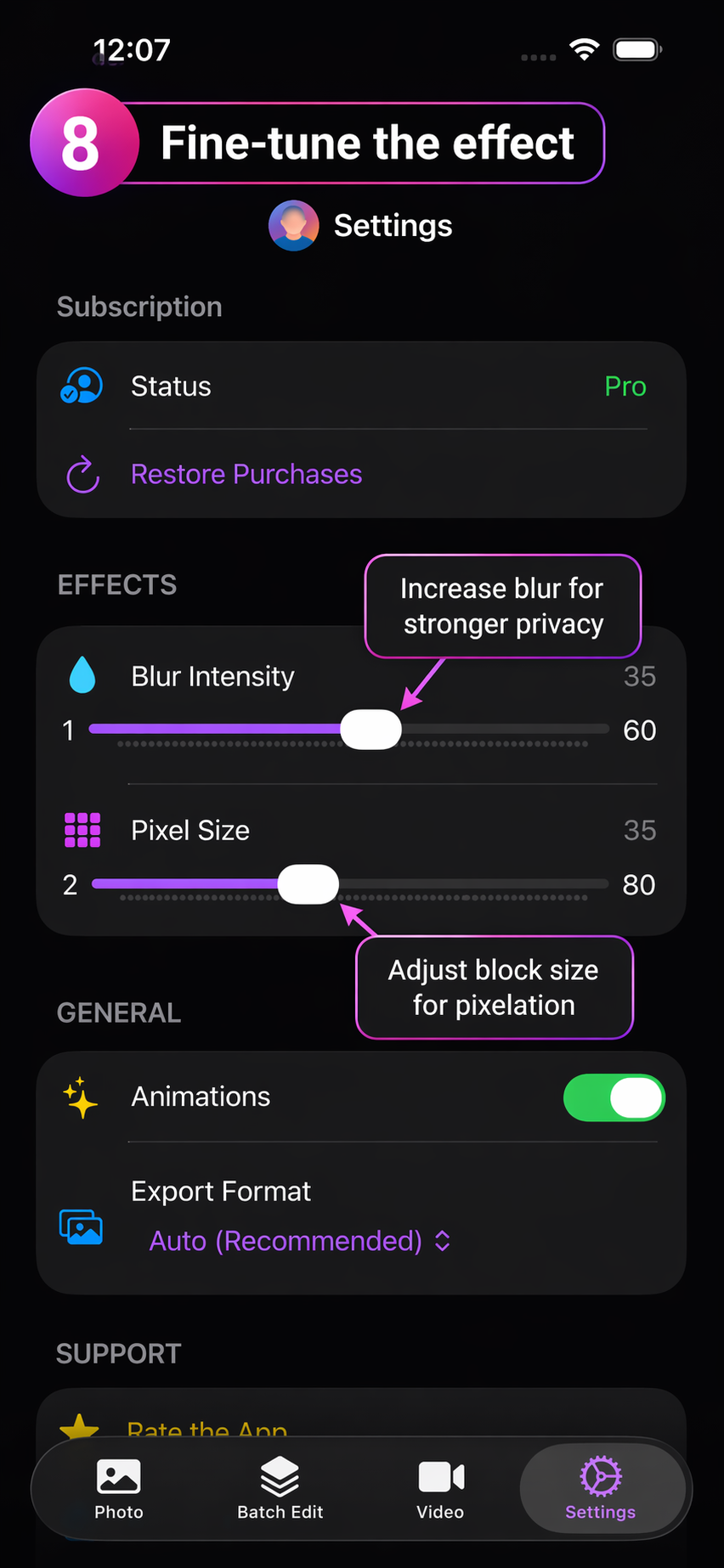Blur intensity and pixel size settings